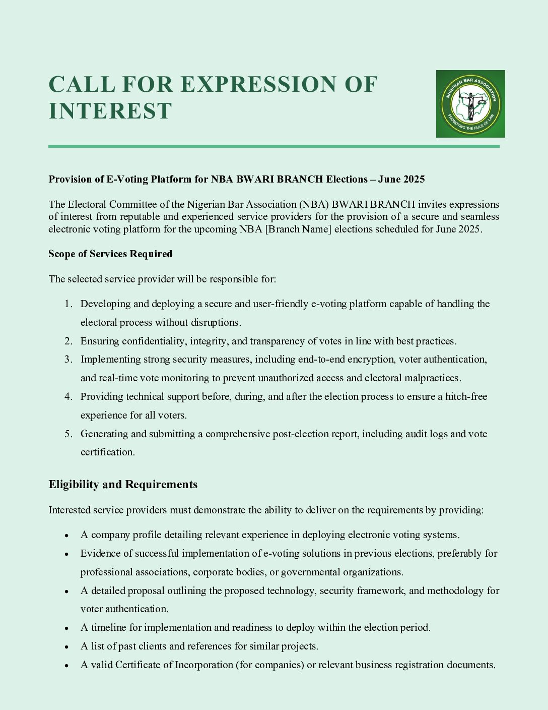 CALL FOR EXPRESSION OF INTEREST